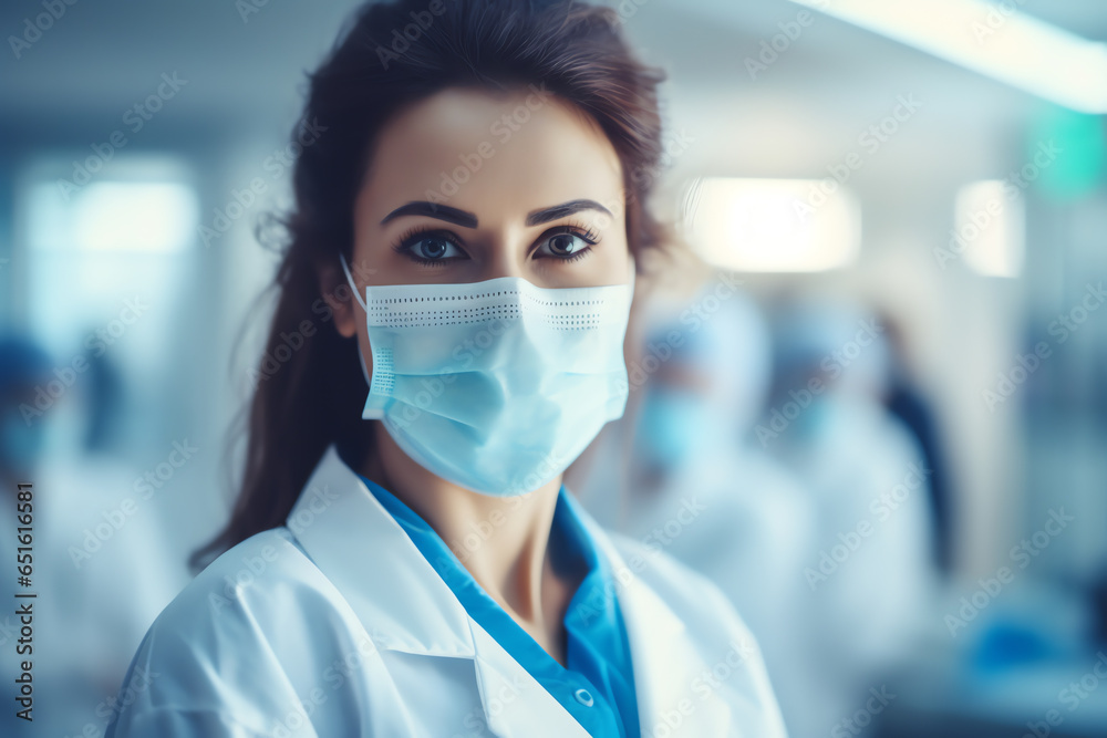 Medical research laboratory, portrait of female scientist wearing face mask looking at camera Medical research laboratory, portrait of female scientist wearing face mask looking at camera