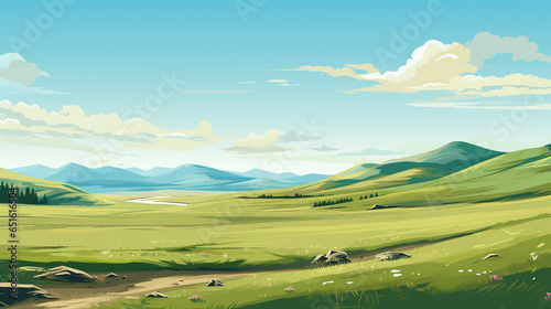 An illustration of the verdant steppe grasslands of Mongolia. The atmosphere of the terrain is wide and fertile. © Aisyaqilumar