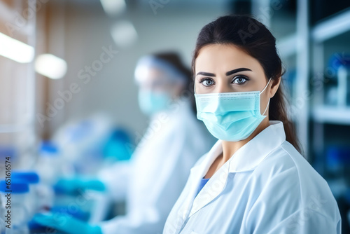 Medical research laboratory, portrait of female scientist wearing face mask looking at camera