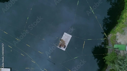 Aerial Top Panning View Of People Sitting On Floating Platform At Pond - Crawfordsville, Indiana photo