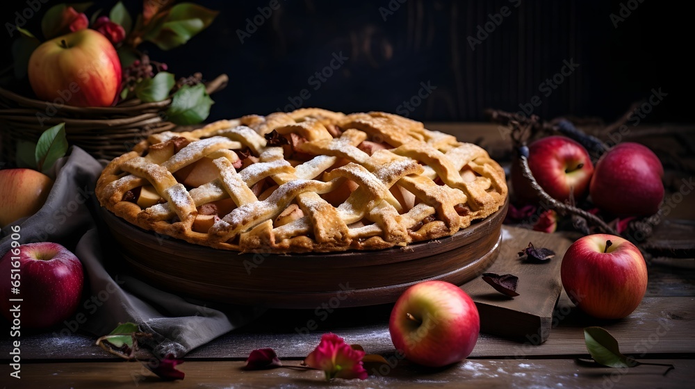 Homemade apple pie with fresh apples on rustic wooden background. Thnaksgiving concept. Homemade apple pie with fresh apples on rustic wooden background. Thnaksgiving concept.