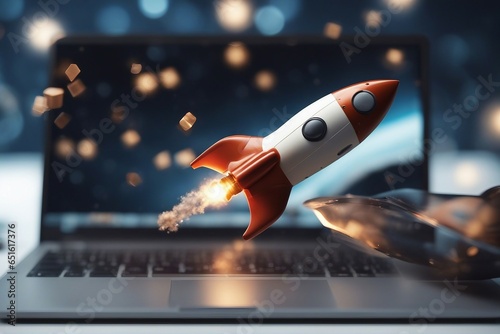 Launching a space rocket from a laptop screen, business startup template
