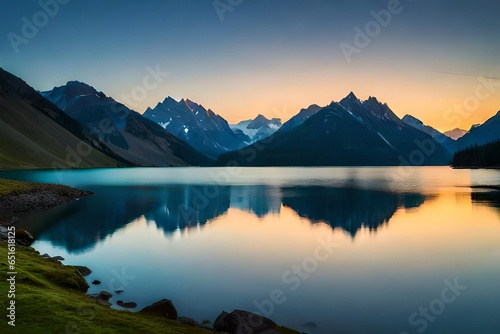 A serene mountain landscape at sunrise, a tranquil lake reflecting the towering peaks © Talha