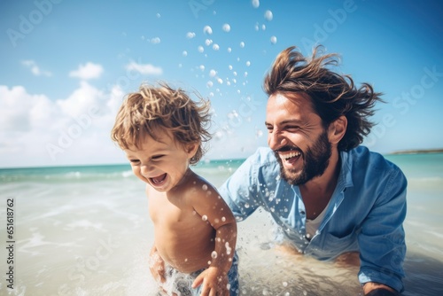 A father and son enjoying a playful time at the beach created with Generative AI technology © Karlaage