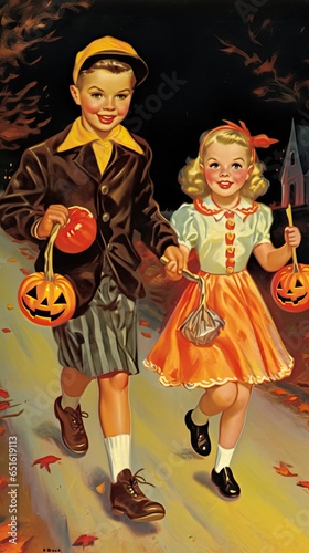 Wallpaper Mural vintage retro children book postcard illustration 1950s scary halloween costume smile witch Torontodigital.ca