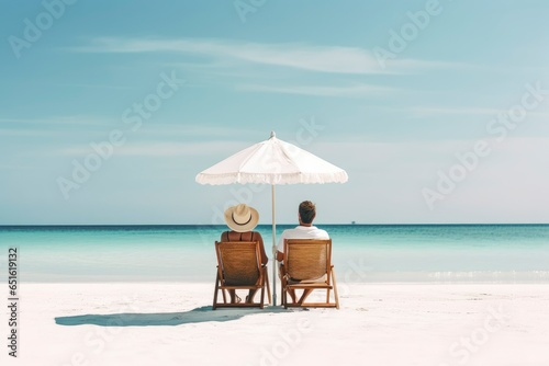 Two people enjoying a sunny day at the beach under an umbrella created with Generative AI technology