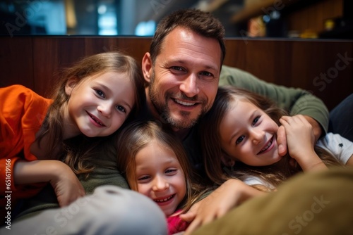 A father and his two daughters enjoying a cozy moment on a bed created with Generative AI technology