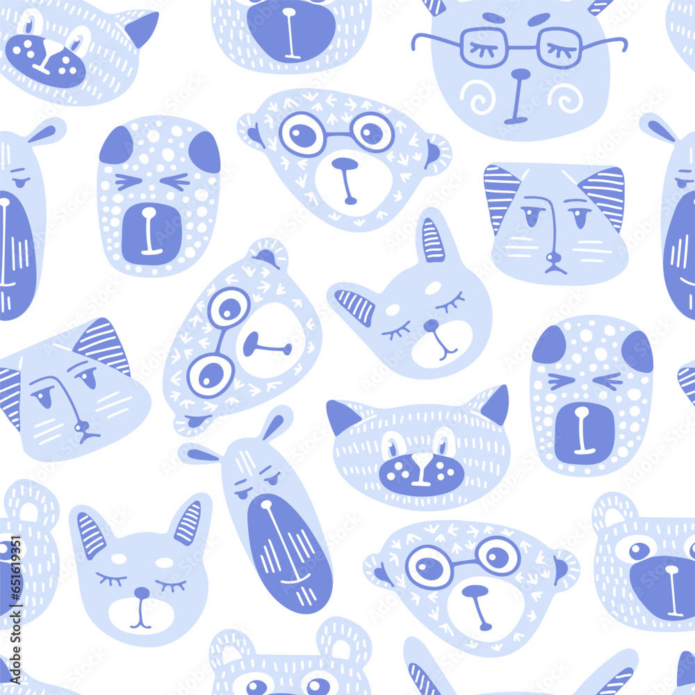 Seamless childish pattern with funny animals faces . Creative kids texture for fabric, wrapping, textile, wallpaper, apparel. Vector illustration