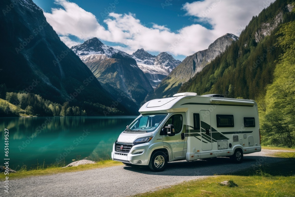 A motor home parked by a serene lake, offering a peaceful getaway amidst nature created with Generative AI technology A motor home parked by a serene lake, offering a peaceful getaway amidst nature created with Generative AI technology
