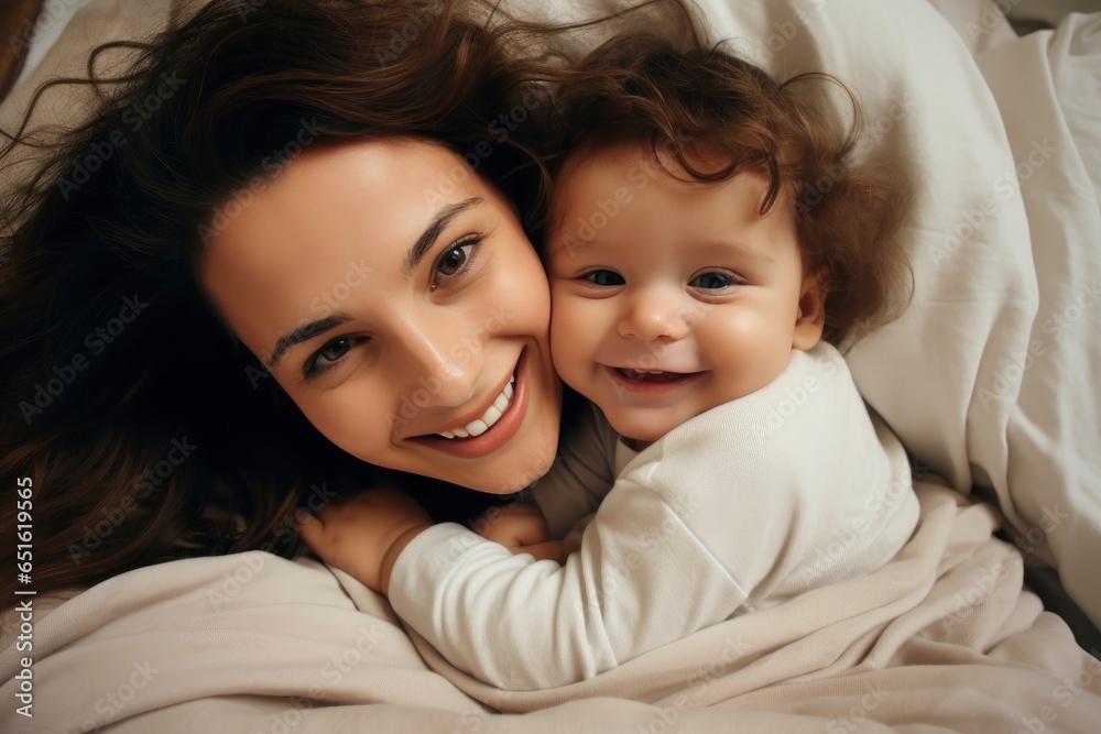 A mother and her newborn baby peacefully resting in bed created with Generative AI technology A mother and her newborn baby peacefully resting in bed created with Generative AI technology