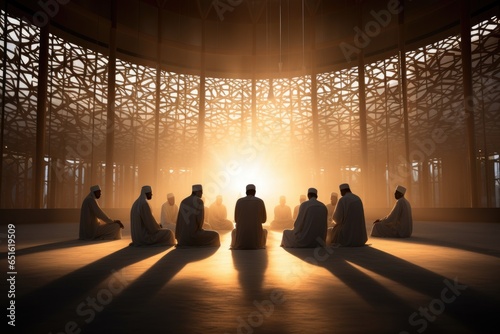 Muslim people praying in the mosque at sunset background. photo