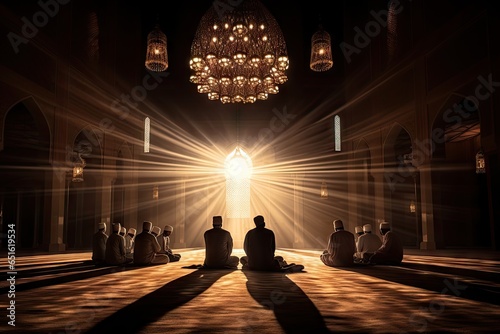Muslim people praying in the mosque at sunset background.