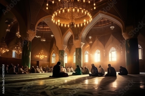 Muslim people praying in the mosque at sunset background.