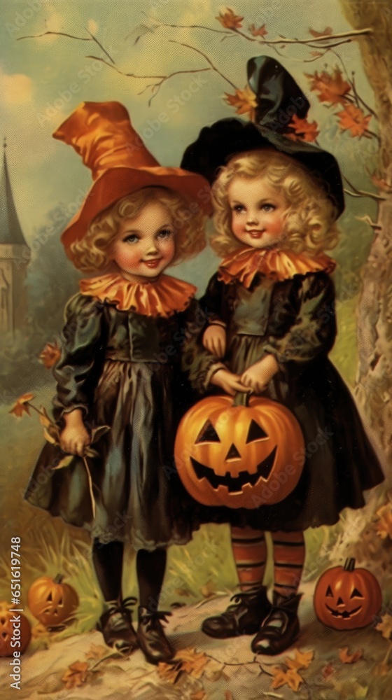 custom made wallpaper toronto digitalvintage retro children book postcard illustration 1950s scary halloween costume smile witch