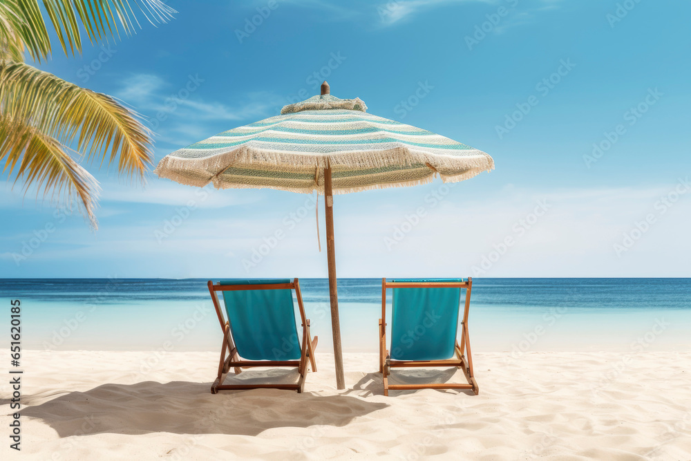 Two beach chairs under an umbrella on a sandy beach created with Generative AI technology Two beach chairs under an umbrella on a sandy beach created with Generative AI technology