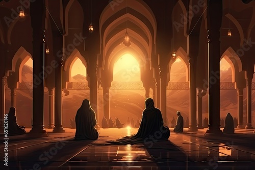 Muslim people praying in the mosque at sunset background.
