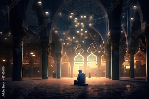 Muslim people praying in the mosque at sunset background. photo