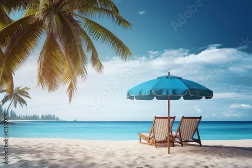 Two chairs under an umbrella on a beach created with Generative AI technology © Karlaage