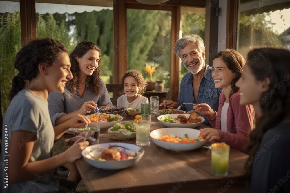 Friends enjoying a meal together at a dining table created with Generative AI technology