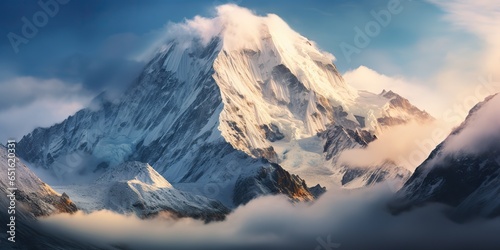 AI Generated. AI Generative. Snow ice faded mountain hill peak. Nature outdoor landscape background. Adventure hiking trekking tour promotion