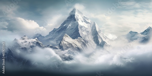 AI Generated. AI Generative. Snow ice faded mountain hill peak. Nature outdoor landscape background. Adventure hiking trekking tour promotion