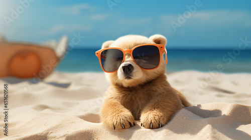 Adorable Little bear in sunglasses on the beach