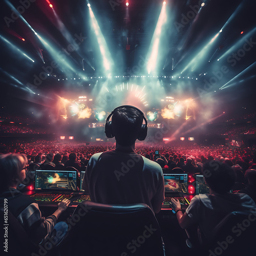 Esports Tournament: Dynamic shots of professional esports players competing on stage in front of a cheering audience, capturing the excitement of competitive gaming. AI Generated