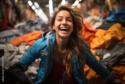 a young woman in a clothing store rejoices at discounts and sales. shopaholism and reasonable consumption. 