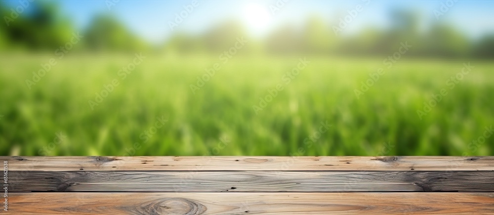 Empty wooden planks against a nature backdrop of grass and sky Empty wooden planks against a nature backdrop of grass and sky
