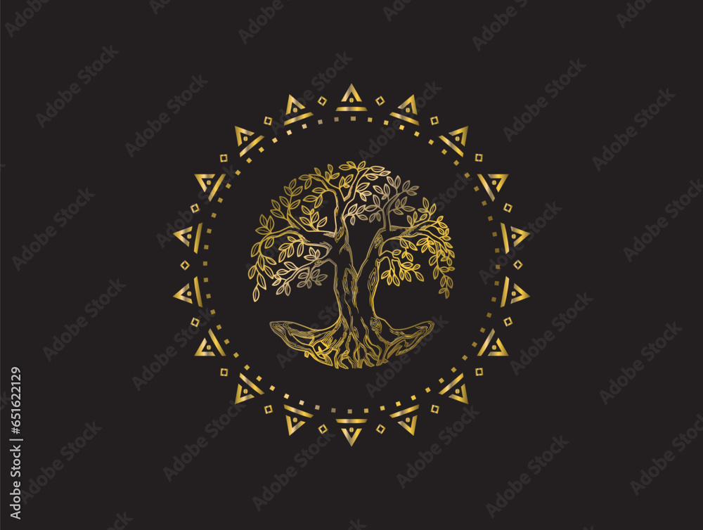 luxury emblem and symbols, abstract ancient tree in circular shape . gold colors.