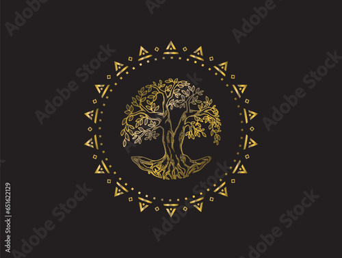 luxury emblem and symbols, abstract ancient tree in circular shape . gold colors.