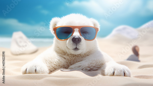 Adorable Little polar bear in sunglasses on the beach