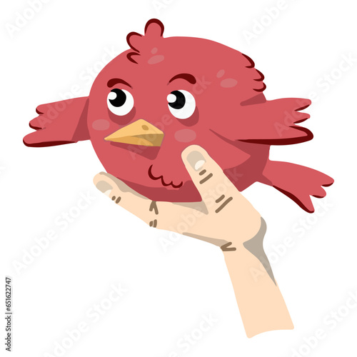 Flat vector illustration of blue cartoon bird on hand on white background. Funny flying doodle. Hand drawn poster for bird and nature day.