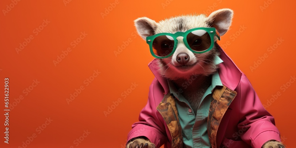Funny raccoon in clothes, suit with tie and sunglasses on a plain background. Banner, poster for business and advertising. Business style with humor.