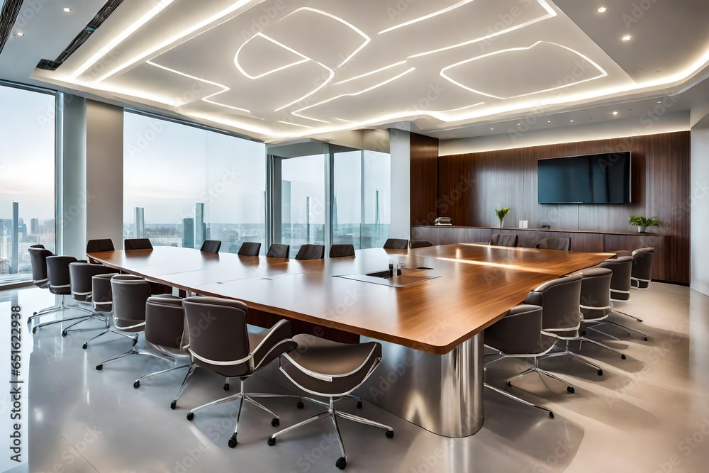 conference room with chairs and tables,  In a sleek, modern conference room, rows of elegant chairs await occupants. 