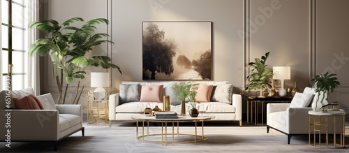A contemporary interior design is featured in the living room with a velvet sofa coffee table pouffe gold accents plant lamp carpet and mock up poster frame