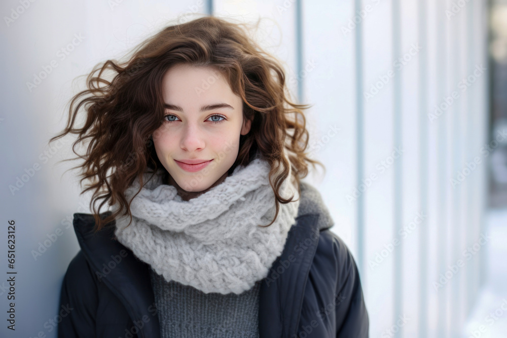 Smiling young woman with white scarf standing outdoors against a wall. Smiling young woman with white scarf standing outdoors against a wall.