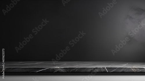 Empty table black marble countertop with a black wall background. 