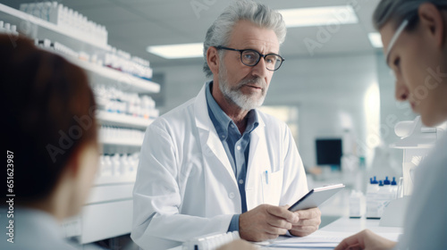 Pharmacists engaged in precise prescription preparation for patients photo