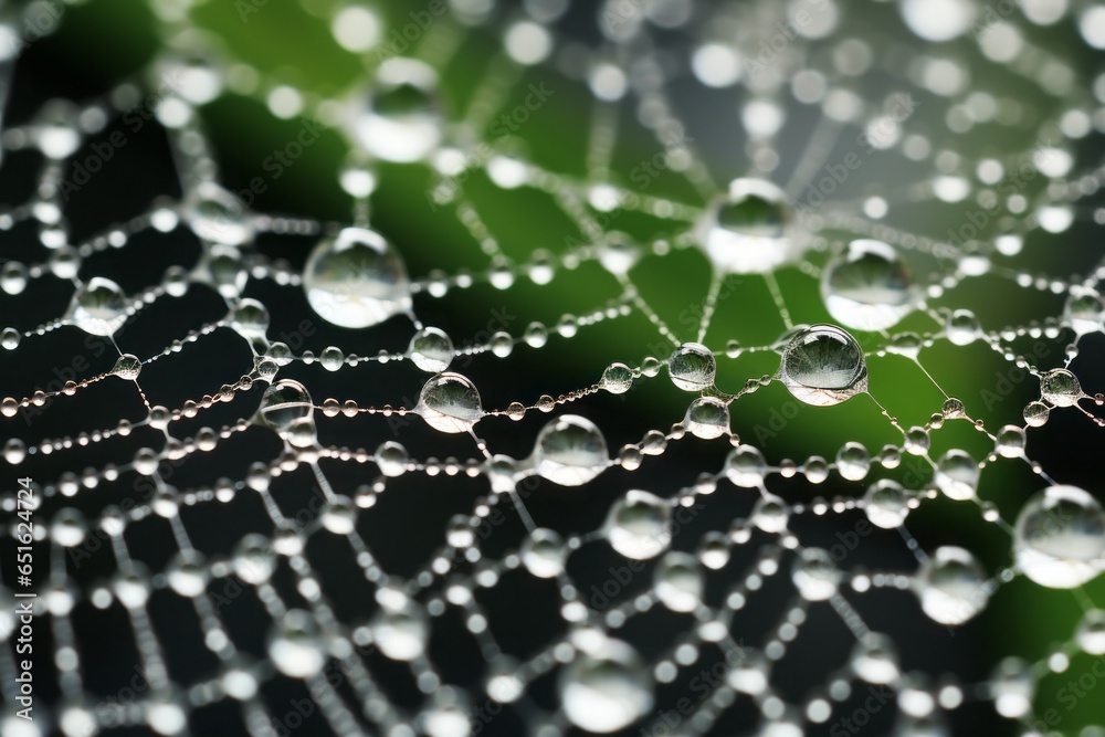 Glistening dewdrops adorn a delicate spider web, creating a mesmerizing pattern of nature's jewels, capturing the essence of morning's fragile beauty.