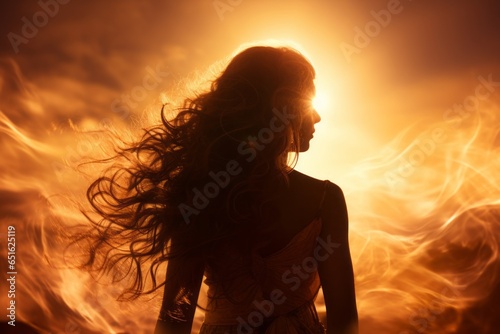 A silhouette of a person with wind-swept, flowing hair, brilliantly backlit by the radiant sun, exuding freedom and vitality.