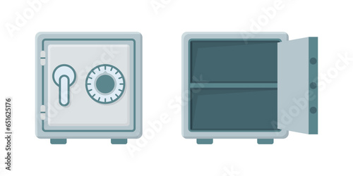 Metal bank safe icon in flat style. Money vault vector illustration on isolated background. Storage sign business concept. photo