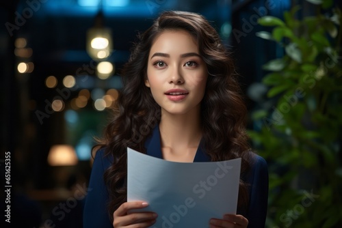concentrate focus businesswoman prepare for job interiview she is pratice speech conversation infront of mirror talking to herself before real job interview photo