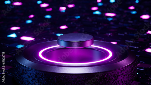 Floating superconductor on the sci fi neon light magnetic object structure, 3d rendering