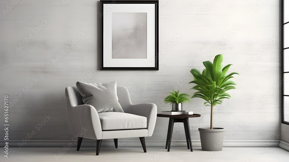 Grey chair and side tables against white wall with poster frame. Industrial style home interior design of modern living room. Generate AI Grey chair and side tables against white wall with poster frame. Industrial style home interior design of modern living room. Generate AI