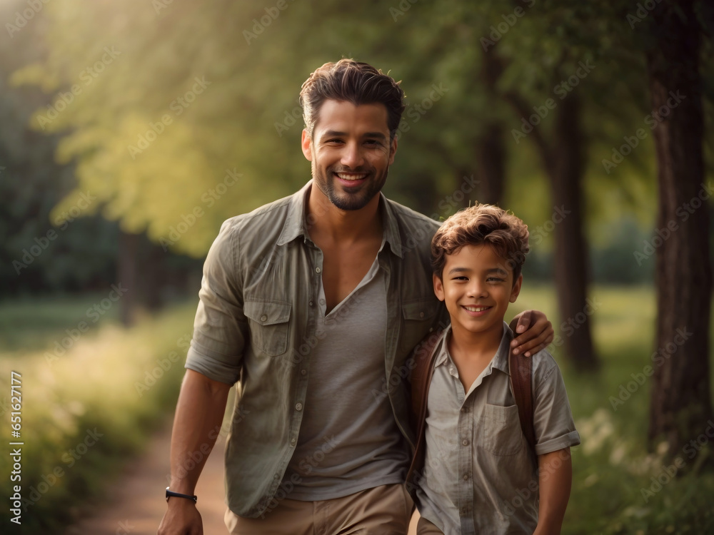 Happy single father walking in nature with his son, boy. Fatherhood love and care, fathers day concept.