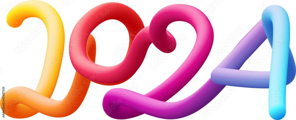 2024 fluid 3d twist text made of blended colorful circles.