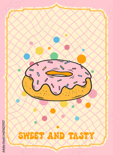 Groovy retro poster. Hippie style background. Groovy donut. 60s and 70s style. Psychedelic funky abstract. Groovy poster template. Nostalgia for the 70s.