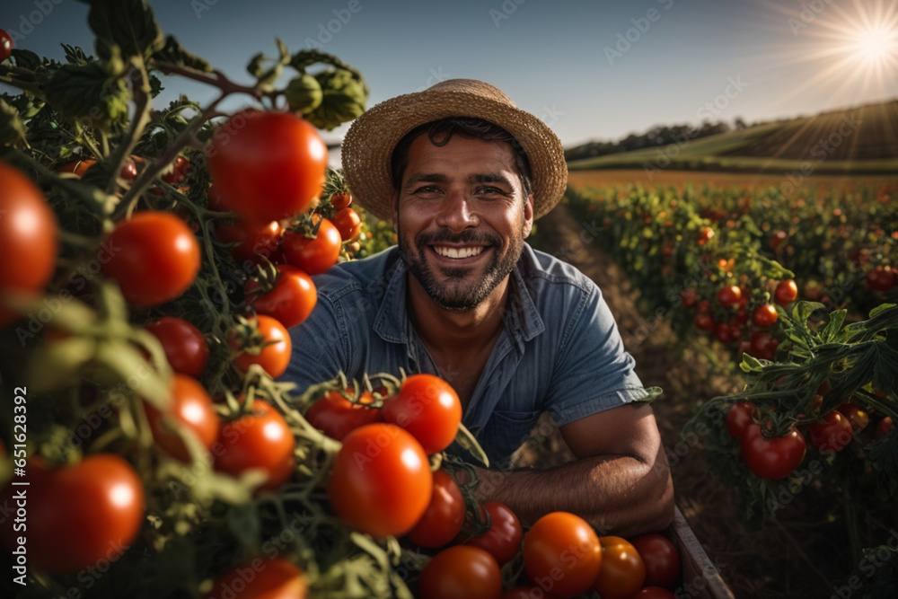 young man latin farmer smiling and working in an agricultural field portrait, harvesting tomatoes - obrazy, fototapety, plakaty 