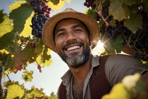 middle aged latin farmer smiling and working in an agricultural field portrait, harvesting grapes in a vineyard